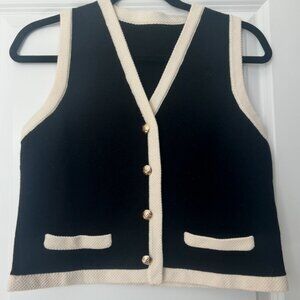Goelia Black Knit Vest with Cream Trim & Gold Buttons Women's Size L (US 8/10)